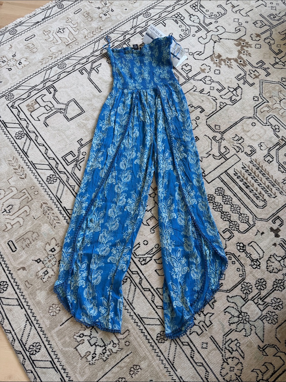 Angie Blue Floral Smocked Wide-Leg Jumpsuit